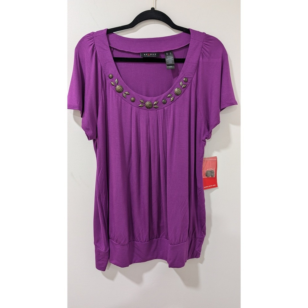 Axcess Liz Claiborne Purple Studded Scoop Neck Banded Hem Top XL